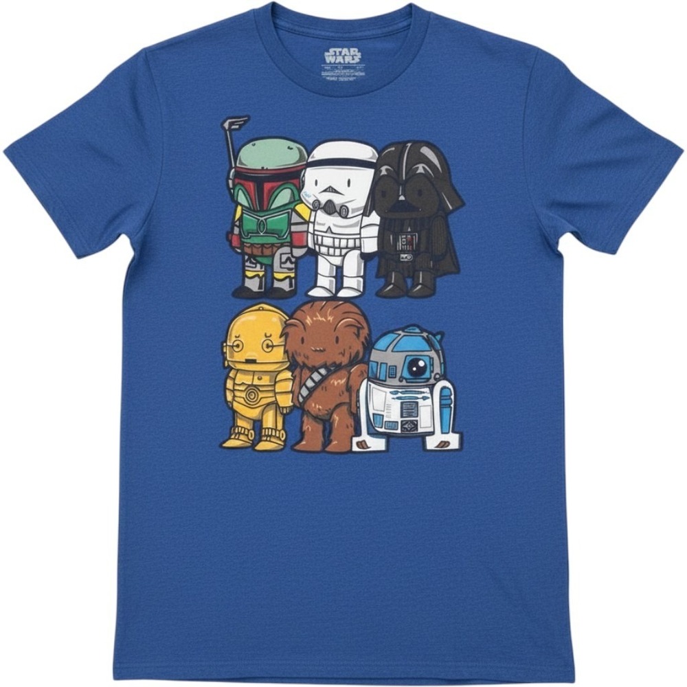 Star Wars graphic t-shirt cute chibi-style Darth Vader R2-D2 cartoon character
